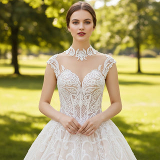 Sheer O-Neck A-line Lace Wedding Dress and Bridal Gown - Rosymae