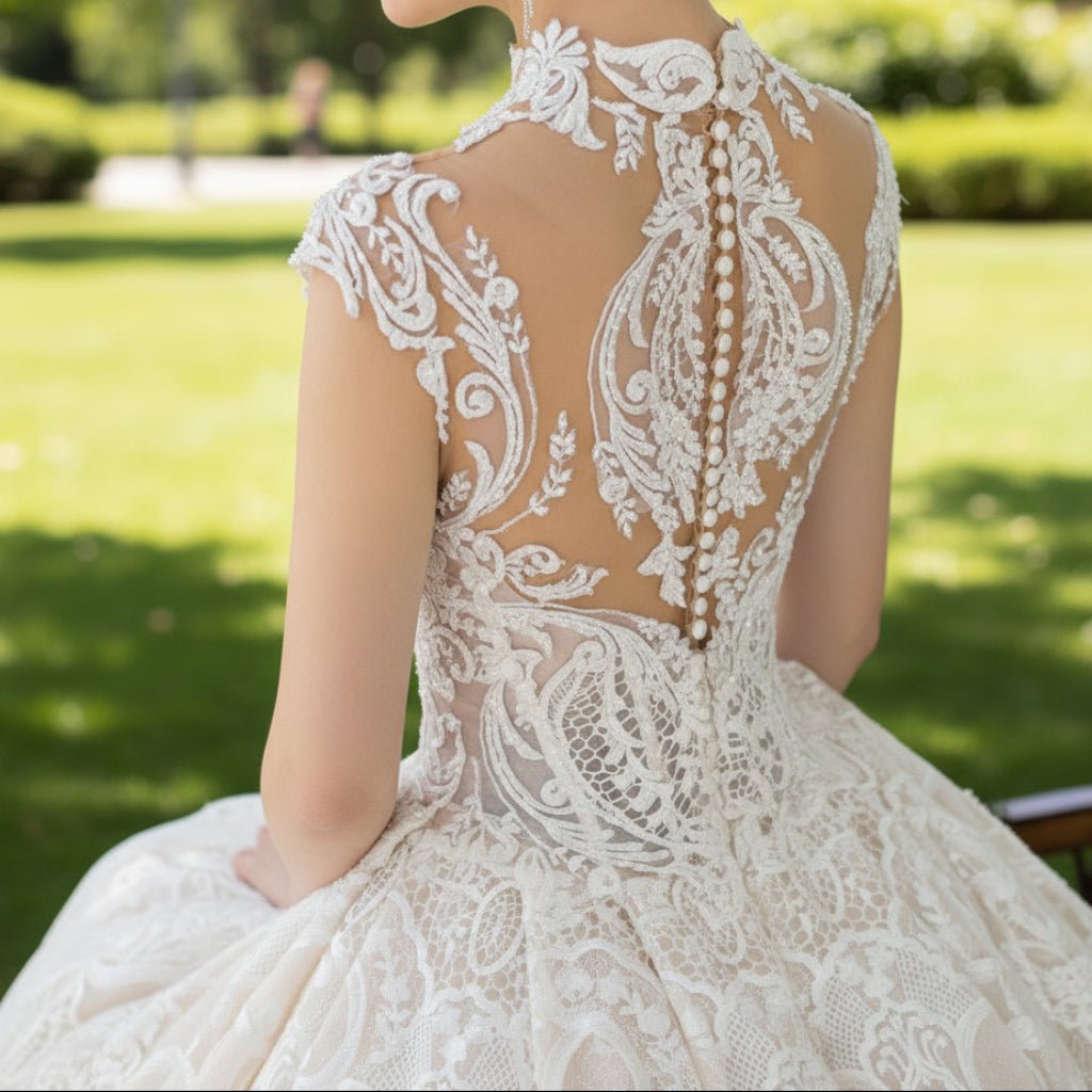 Sheer O-Neck A-line Lace Wedding Dress and Bridal Gown - Rosymae