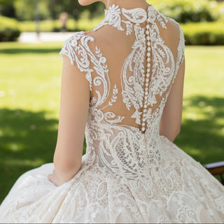 Sheer O-Neck A-line Lace Wedding Dress and Bridal Gown - Rosymae