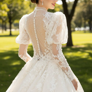 Sheer O-neck Puffy Lantern Long Sleeve Lace Wedding Dresses - Rosymae
