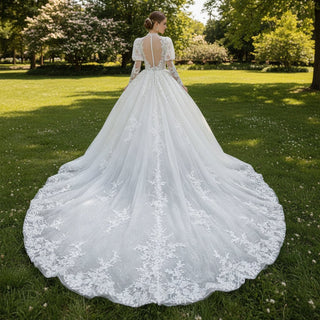 Sheer O-neck Puffy Lantern Long Sleeve Lace Wedding Dresses - Rosymae