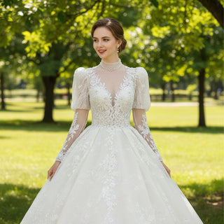 Sheer O-neck Puffy Lantern Long Sleeve Lace Wedding Dresses - Rosymae