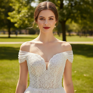 Sheer Off the Shoulder Mermaid Wedding Dress with Sparkly Crystals - Rosymae