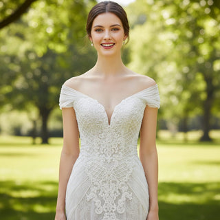 Sheer Off the Shoulder Mermaid Wedding Dress with Sparkly Crystals - Rosymae