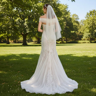 Sheer Off the Shoulder Mermaid Wedding Dress with Sparkly Crystals - Rosymae