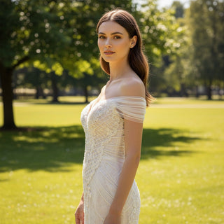 Sheer Off the Shoulder Mermaid Wedding Dress with Sparkly Crystals - Rosymae