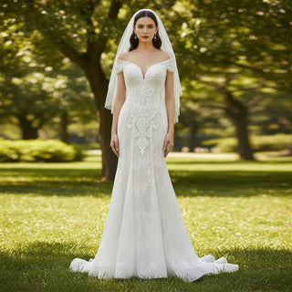 Sheer Off the Shoulder Mermaid Wedding Dress with Sparkly Crystals - Rosymae