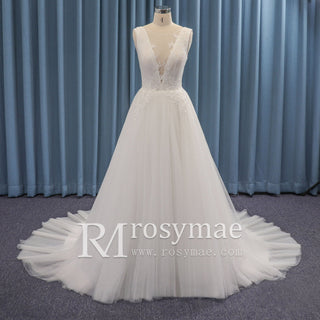 Sheer Plunging Deep V Neck A-line Tulle Wedding Dress Open Back - Rosymae