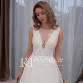 Sheer Plunging Deep V Neck A-line Tulle Wedding Dress Open Back - Rosymae