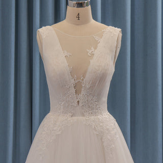 Sheer Plunging Deep V Neck A-line Tulle Wedding Dress Open Back - Rosymae