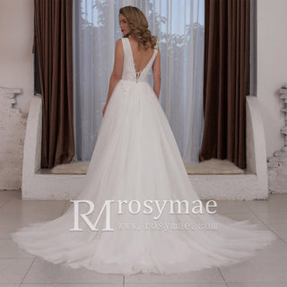 Sheer Plunging Deep V Neck A-line Tulle Wedding Dress Open Back - Rosymae