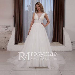 Sheer Plunging Deep V Neck A-line Tulle Wedding Dress Open Back - Rosymae