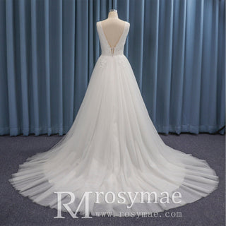 Sheer Plunging Deep V Neck A-line Tulle Wedding Dress Open Back - Rosymae