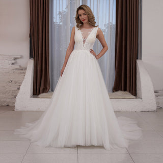 Sheer Plunging Deep V Neck A-line Tulle Wedding Dress Open Back - Rosymae