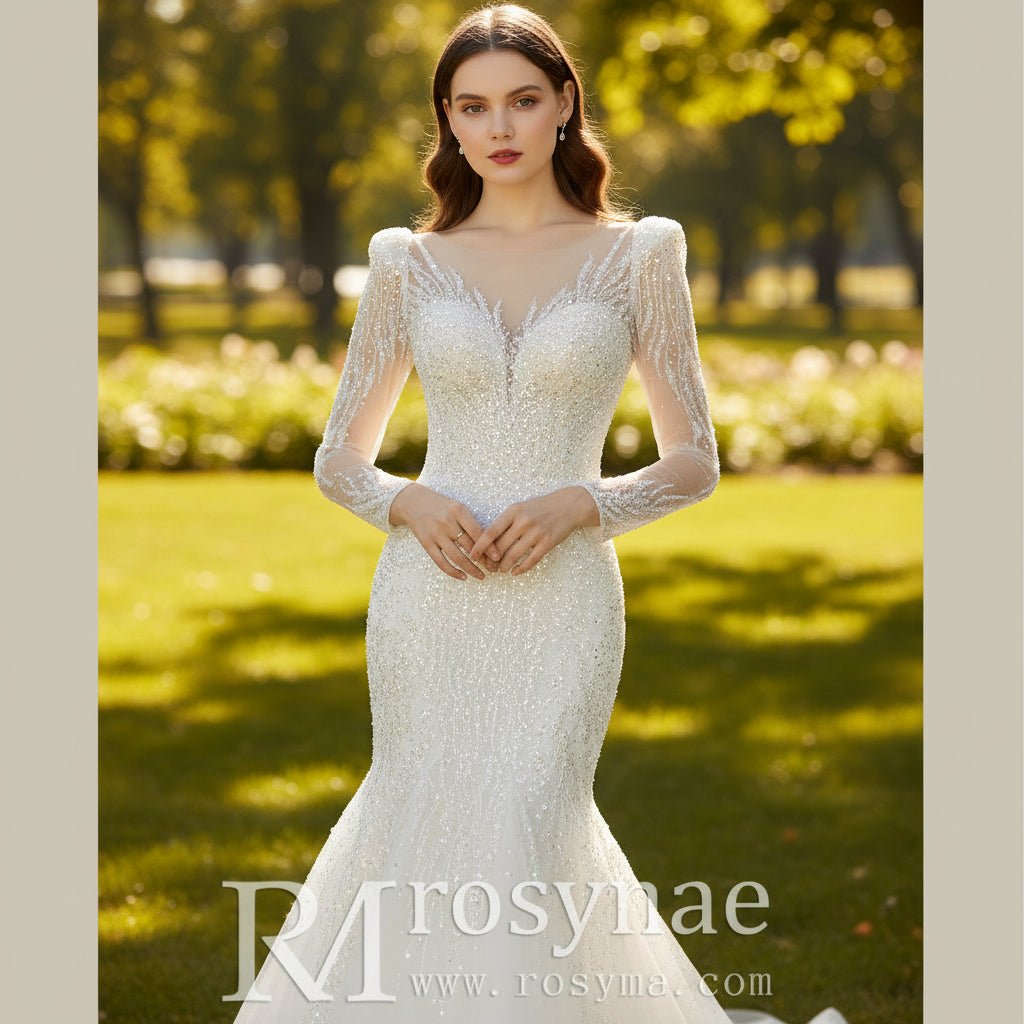 Sheer Puff Long Sleeve Sequin Bling Wedding Dress with Mermaid - Rosymae