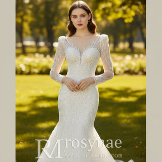 Sheer Puff Long Sleeve Sequin Bling Wedding Dress with Mermaid - Rosymae