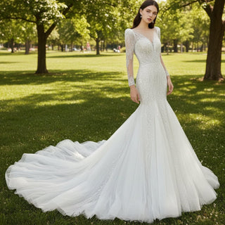 Sheer Puff Long Sleeve Sequin Bling Wedding Dress with Mermaid - Rosymae