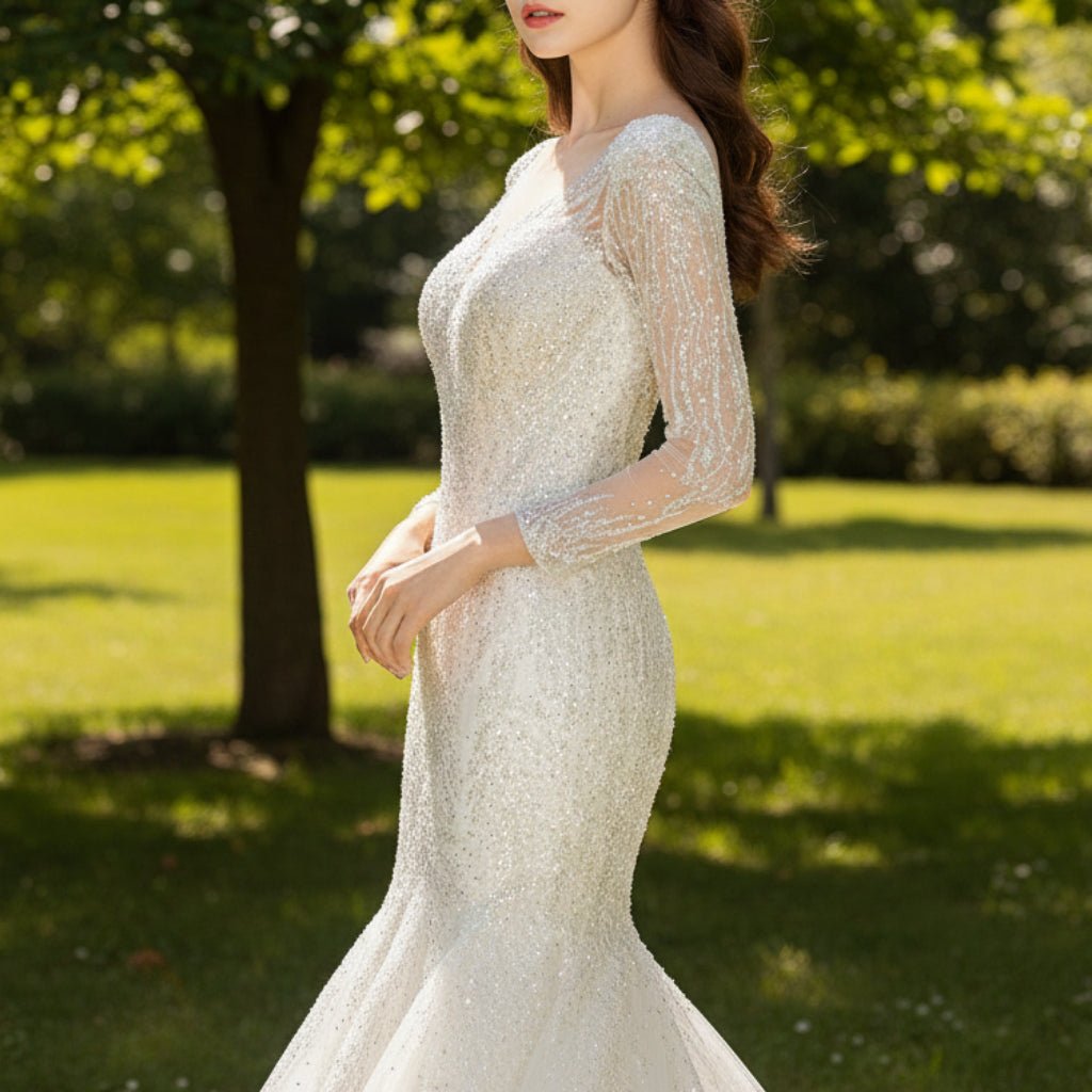 Sheer Puff Long Sleeve Sequin Bling Wedding Dress with Mermaid - Rosymae