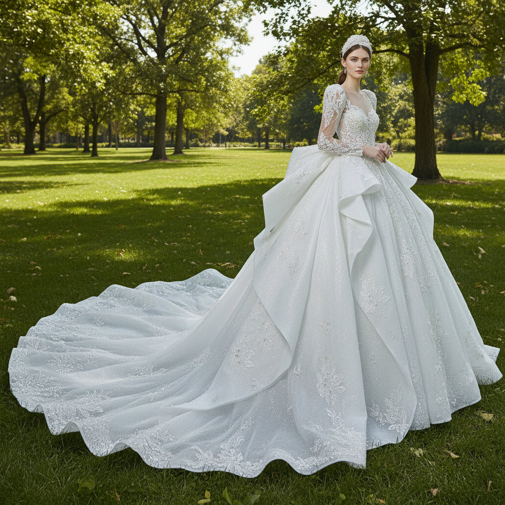 Elegant Puffy Long Sleeve Ballgown Ruffle Bridal Wedding Dresses