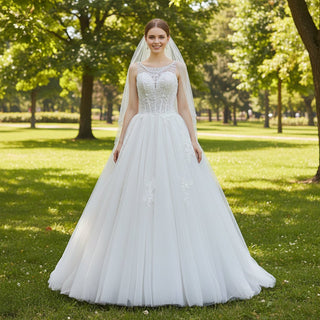 Sheer Scoop Neck A-line Tulle Beach Wedding Dress Bridal Gown - Rosymae