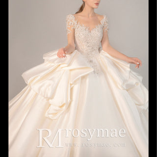 Elegant Sheer Sleeve Ruched Ball Gown Satin Bridal Wedding Dress