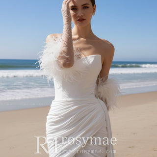 Short Chiffon Above-the-Knee Wedding Dress with Feathers - Rosymae