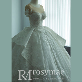 Short Sleeve Sheer Neck Lace Wedding Dresses with Puffy Skirt