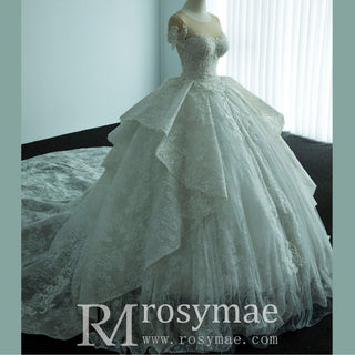 Short Sleeve Sheer Neck Lace Wedding Dresses with Puffy Skirt