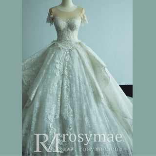 Short Sleeve Sheer Neck Lace Wedding Dresses with Puffy Skirt
