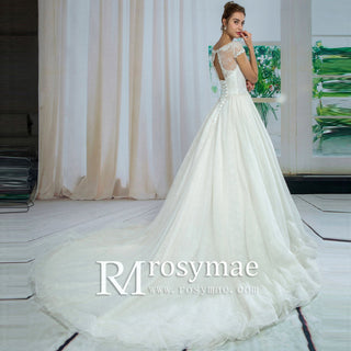 Short Sleeve Sheer Neck Ball Gown Lace Wedding Dress with Keyhole