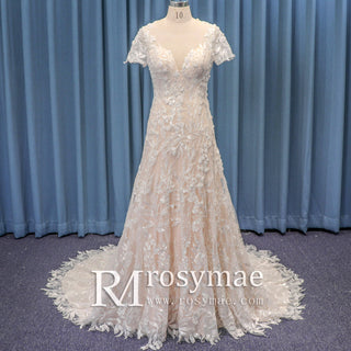 Short Sleeve Leafs Lace Brush Color A-line Bridal Gown Wedding Dress