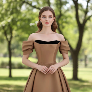 Short Sleeve Off Shoulder Coffee Satin Prom Dress Party Gown - Rosymae