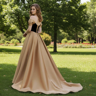 Short Sleeve Off Shoulder Coffee Satin Prom Dress Party Gown - Rosymae