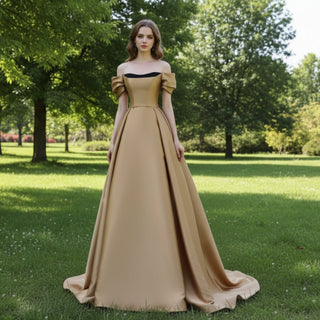 Short Sleeve Off Shoulder Coffee Satin Prom Dress Party Gown - Rosymae