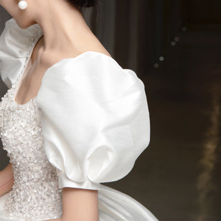 Princess Short Sleeve Ball Gown Satin Wedding Dress Bridal Gown