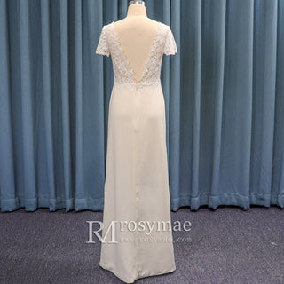 Short Sleeve Satin Lace Floor Length Wedding Dress V-neck Low Back