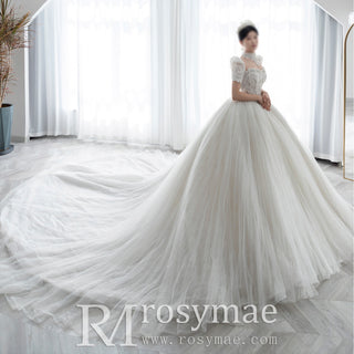 Puffy Short Sleeve Ball Gown Wedding Dress with O-neck