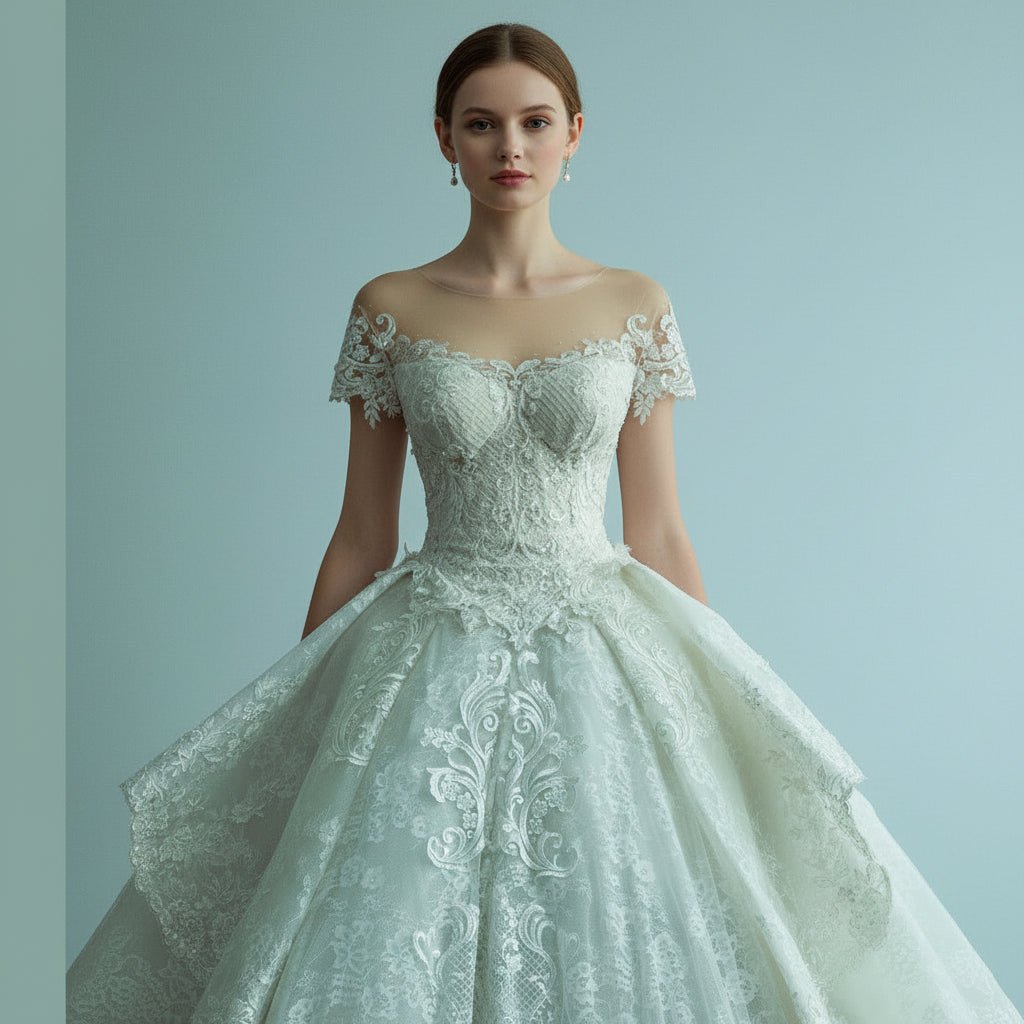 Short Sleeve Sheer Neck Lace Wedding Dresses with Puffy Skirt - Rosymae