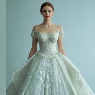 Short Sleeve Sheer Neck Lace Wedding Dresses with Puffy Skirt - Rosymae