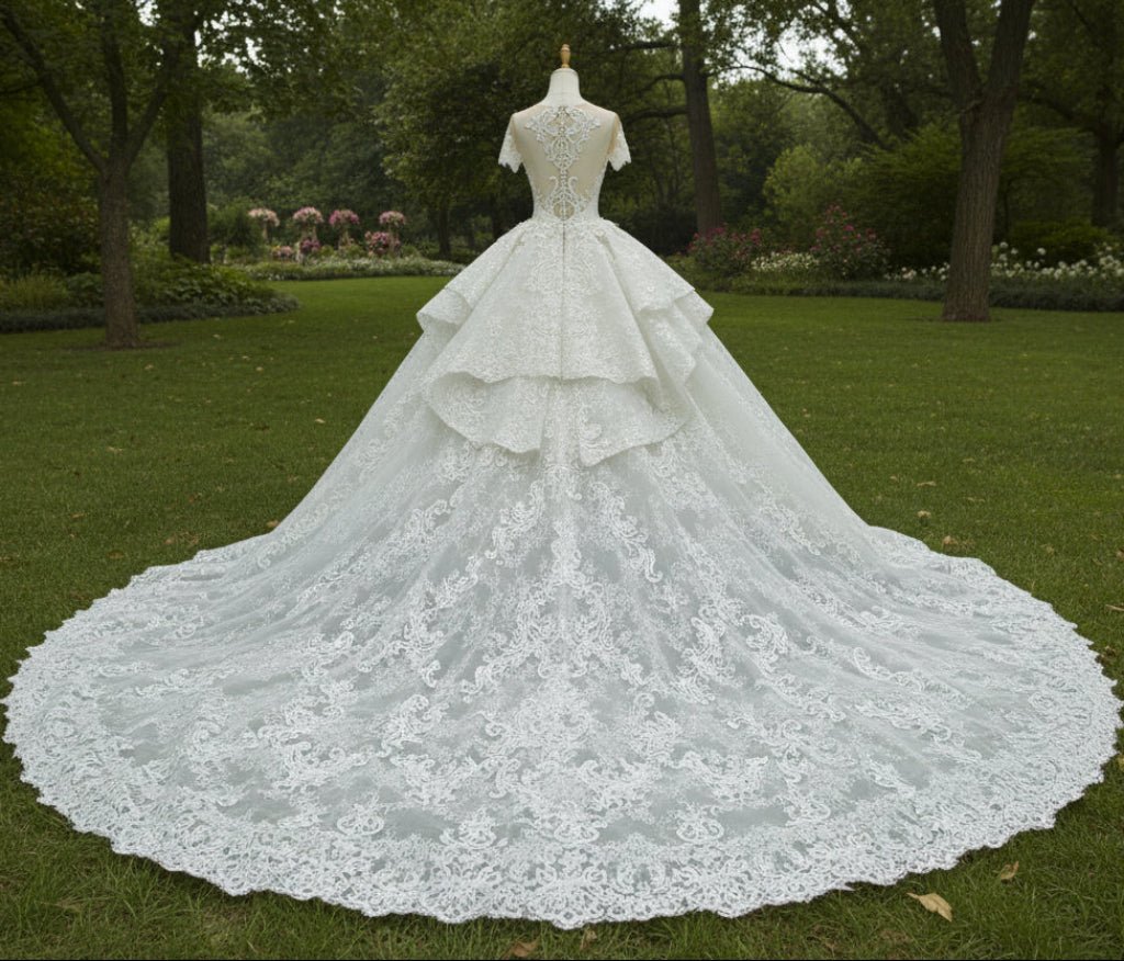 Short Sleeve Sheer Neck Lace Wedding Dresses with Puffy Skirt - Rosymae
