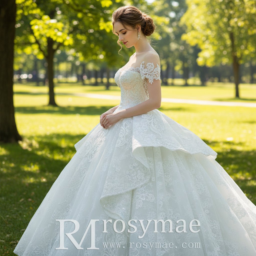 Short Sleeve Sheer Neck Lace Wedding Dresses with Puffy Skirt - Rosymae