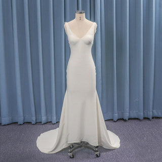 Classic Backless Fit Flare Satin Sleek Wedding Dress Deep V-neck