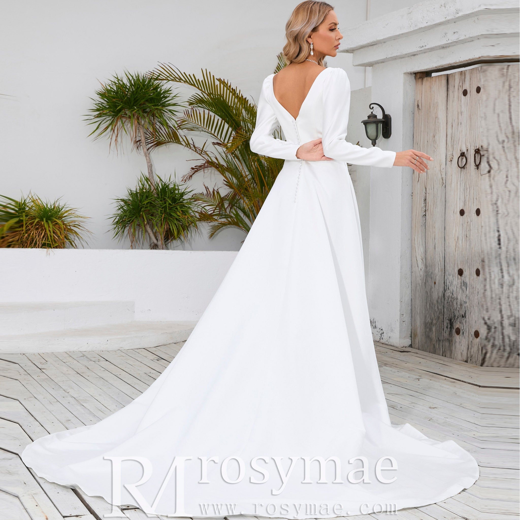 Simple and Sleek A-line Satin Wedding Dress with Long Sleeves White / 4