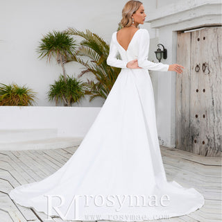 Simple and Sleek A-line Satin Wedding Dress with Long Sleeves - Rosymae