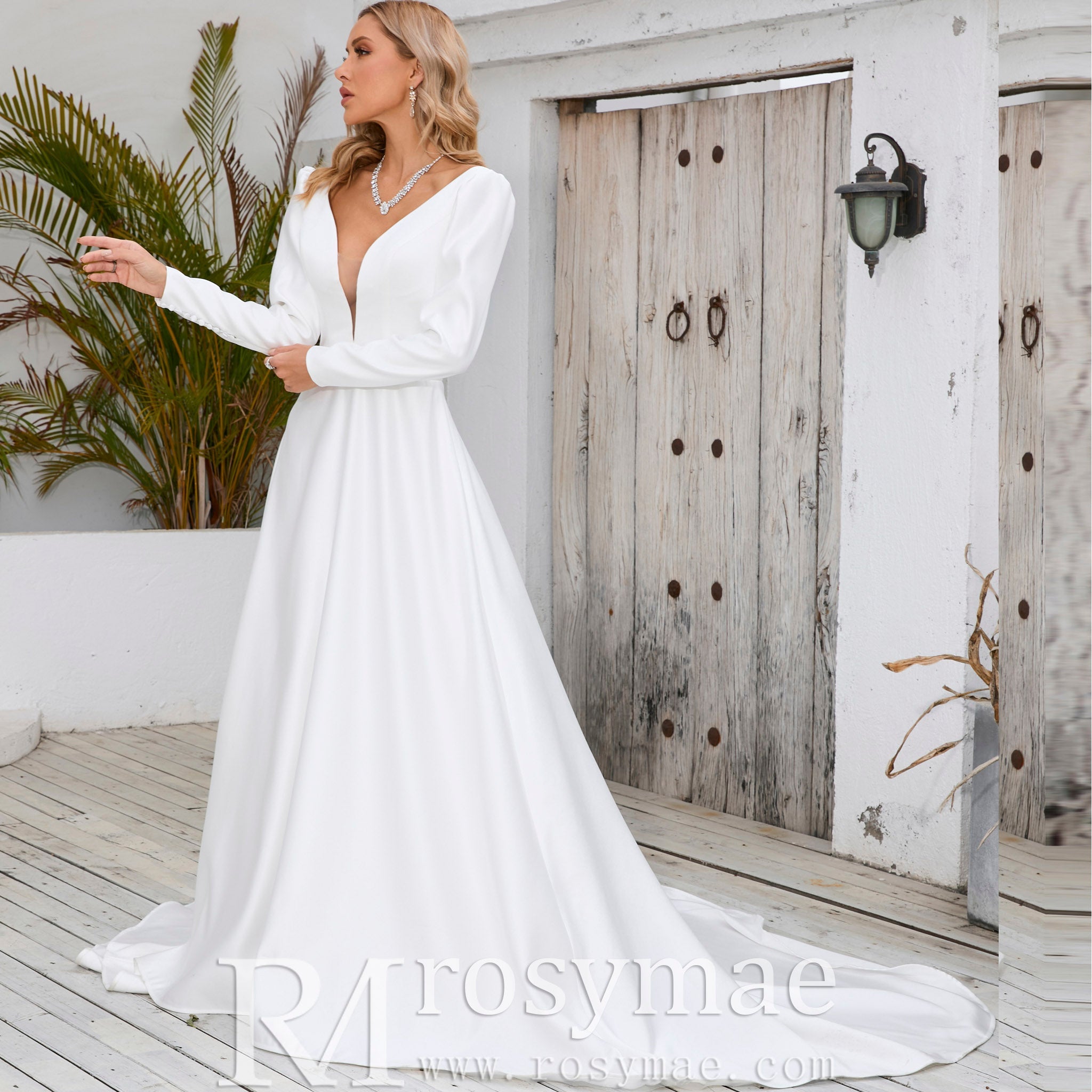Simple and Sleek A-line Satin Wedding Dress with Long Sleeves White / 4