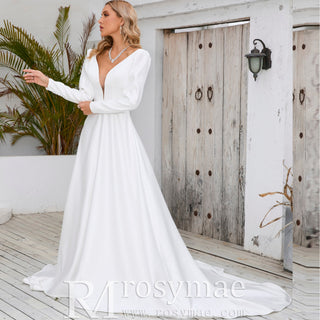 Simple and Sleek A-line Satin Wedding Dress with Long Sleeves - Rosymae