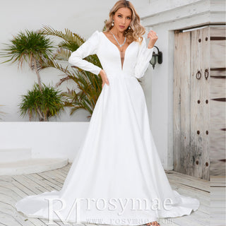 Simple and Sleek A-line Satin Wedding Dress with Long Sleeves - Rosymae