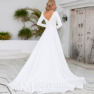 Simple and Sleek A-line Satin Wedding Dress with Long Sleeves - Rosymae