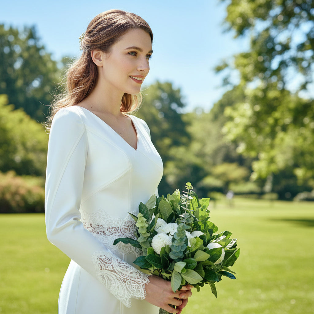 Long Sleeve Fit and Flare Wedding Dress with Sheer Back Rosymae Long Sleeve Fit and Flare Wedding Dress with Sheer Back Rosymae