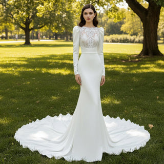 Simple Mermaid Wedding Dress with Puffy Lantern Long Sleeve - Rosymae